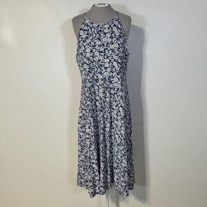 CHAPS Blue White Floral Halter Midi Dress Women’s XL Cotton Pockets Tie Back